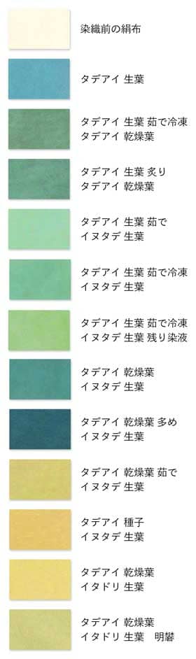 藍の生葉染めのバリエーション　カラーチャート