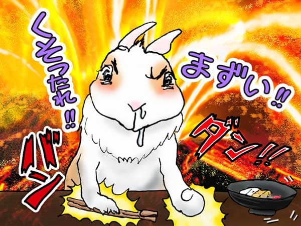 「ぷう太郎」は「あんみつうどん」のあまりの不味さに、涙と鼻水を出しながら、箸と拳をとカウンターに叩きつけて怒りを爆発させる。