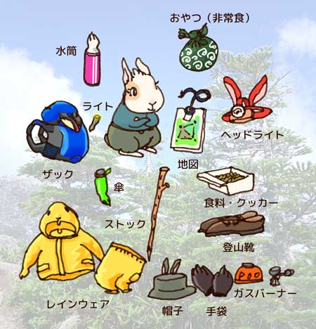 うさぎの「ぷう太郎」がイメージする登山に必要な装備