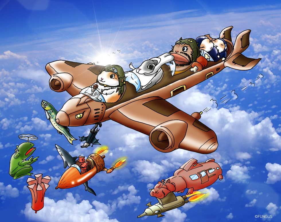 愉快な仲間達をレトロな飛行機に乗せて空飛ぶうさぎのパイロット「菜の花福太郎」