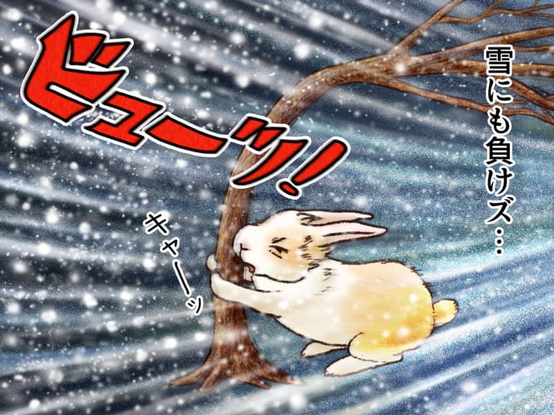 雪にも負けズ…　ビューッ！荒れ狂う暴風雪の中、「キャーッ」必死にとばされないように木にしがみつく うさぎのぷう太郎。